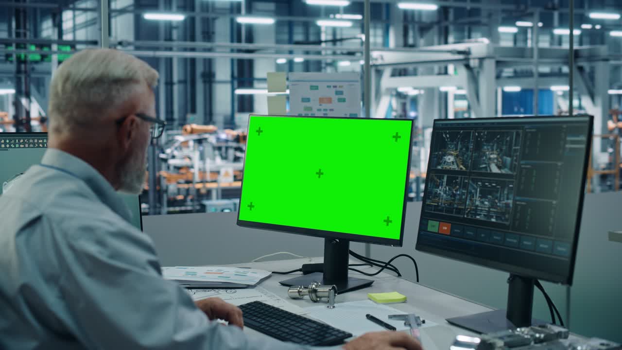 офис мониторинга автомобильного завода: мужчина, главный автомобильный инженер, сидящий за столом, работающий на зеленом экране, компьютер с ключевым хромом. автоматизированная линия сборки робототехники, производство транспортных средств