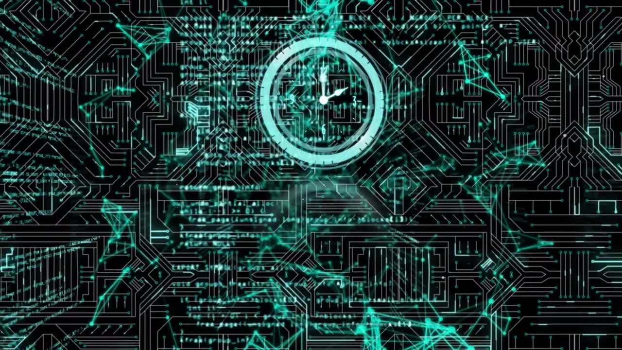 Animation of clock moving and diverse data processing in black space with integrated circuits