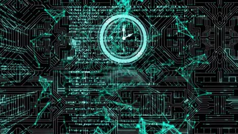 animation of clock moving and diverse data processing in black space with integrated circuits