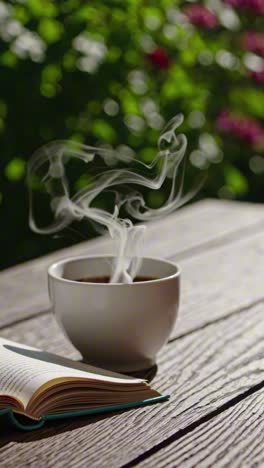 close-up video style image of a steaming coffee cup and open book on a wooden table, with a blurred