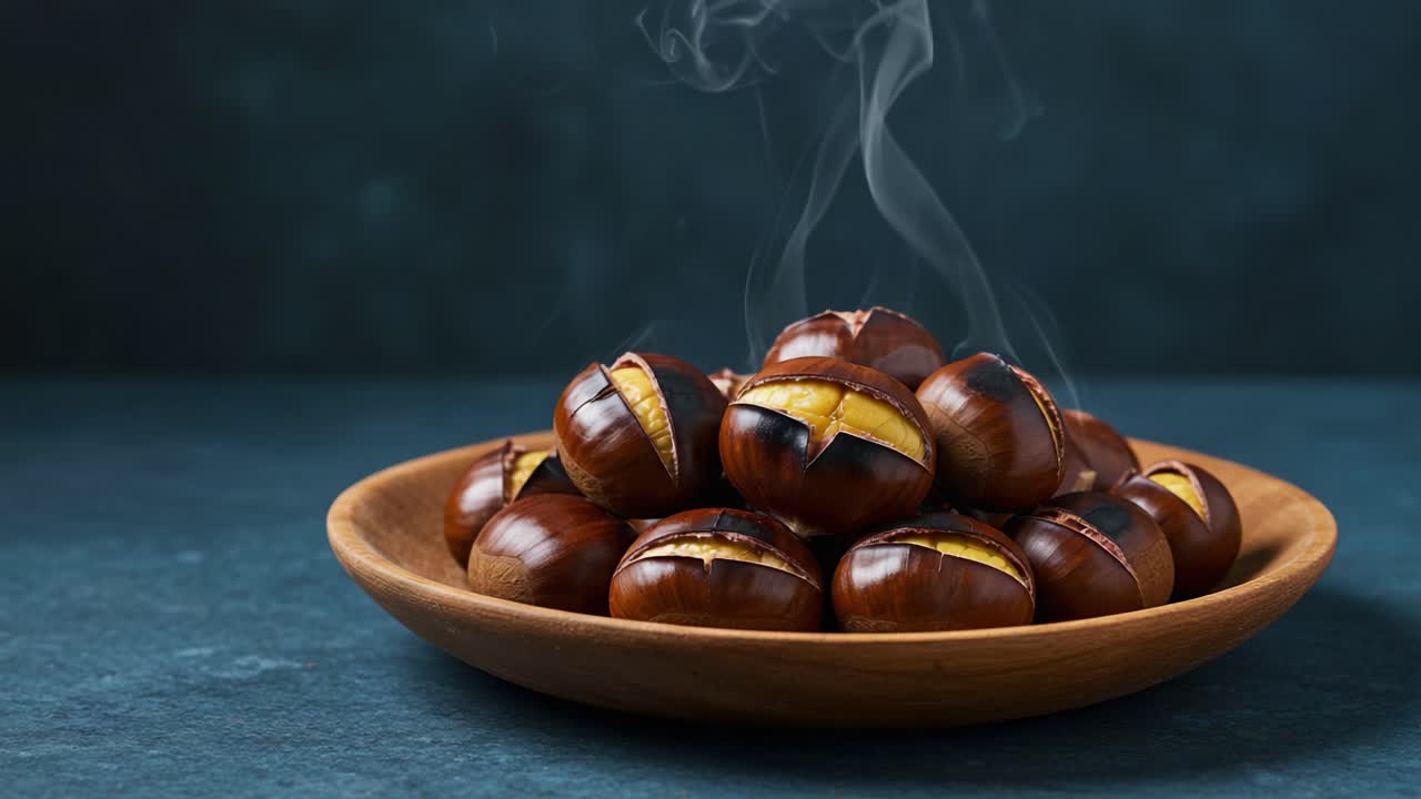 Deliciously Roasted Chestnuts on a Wooden Plate, Emitting Whisps of Steam, Celebrating the Comforting Aroma of Autumnal Snacks in a Cozy Kitchen Setting