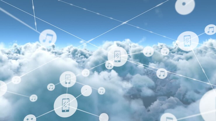 Animation of network of connections with icons over clouds in sky