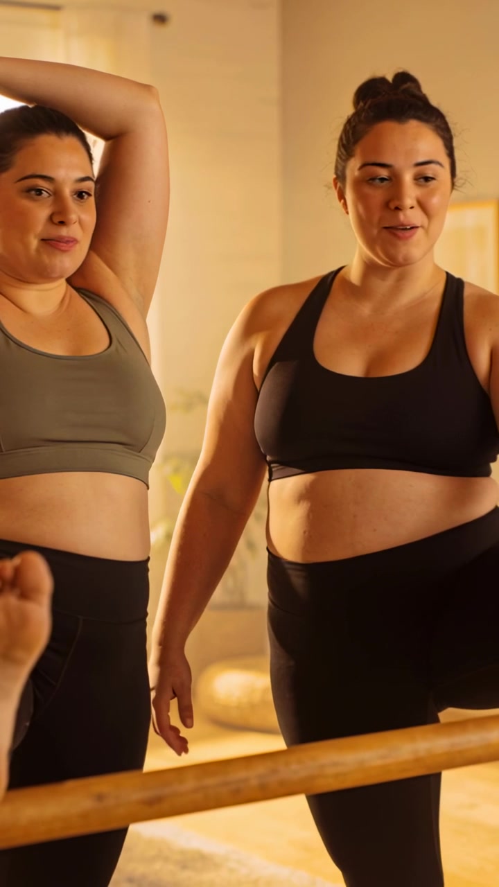 Video verticale: Donne in abbigliamento sportivo che si allungano mentre la mano dell'istruttore si alza, usando la sbarra in studio.