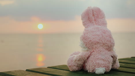 pink toy hare sitting on the pier looking at the rising sun 4k video