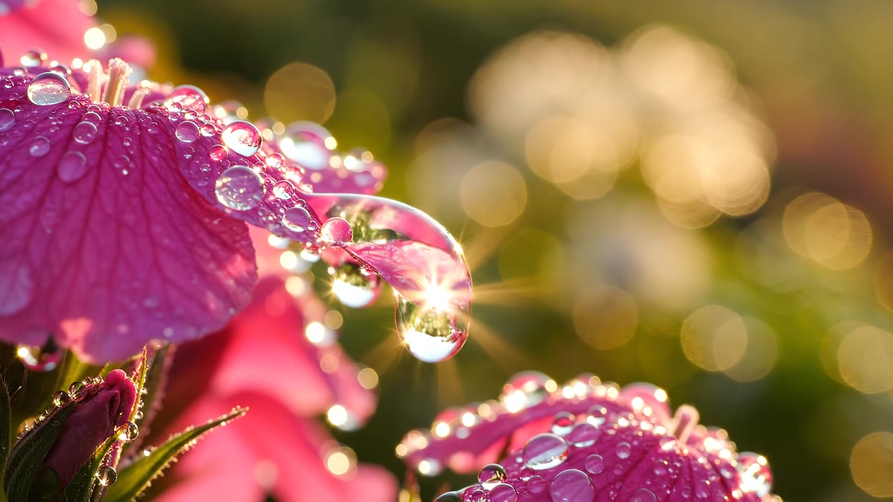 Macro di rugiada mattutina scintillante su fiori rosa con bagliore solare.