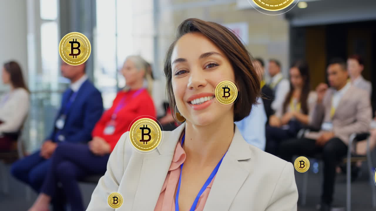 animación de iconos de bitcoin sobre diversas personas de negocios en la conferencia
