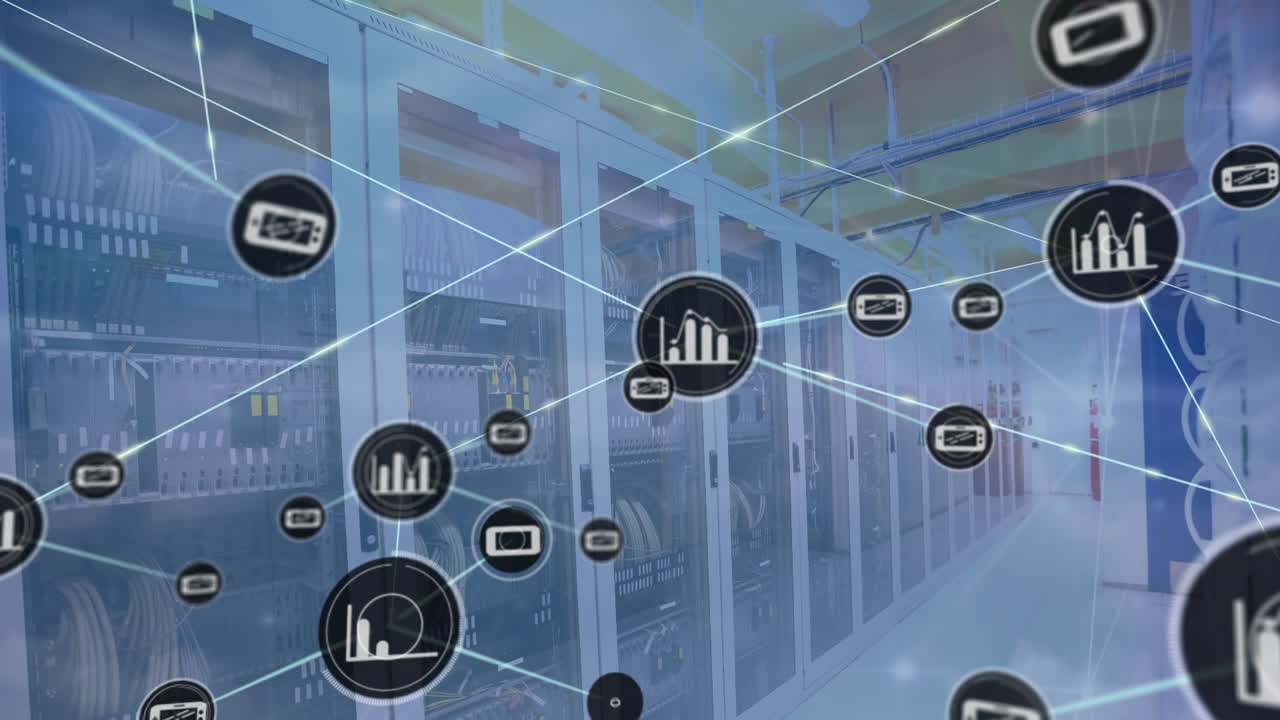 Animation of network of connections with icons over server room