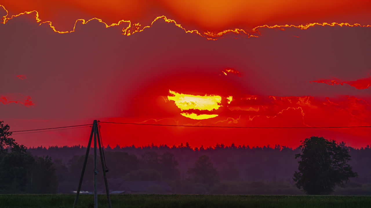 상록 나무와 전선의 실루 풍경과 함께 먼 지평선 위에 강렬한 은 해가 뜨고 있습니다.