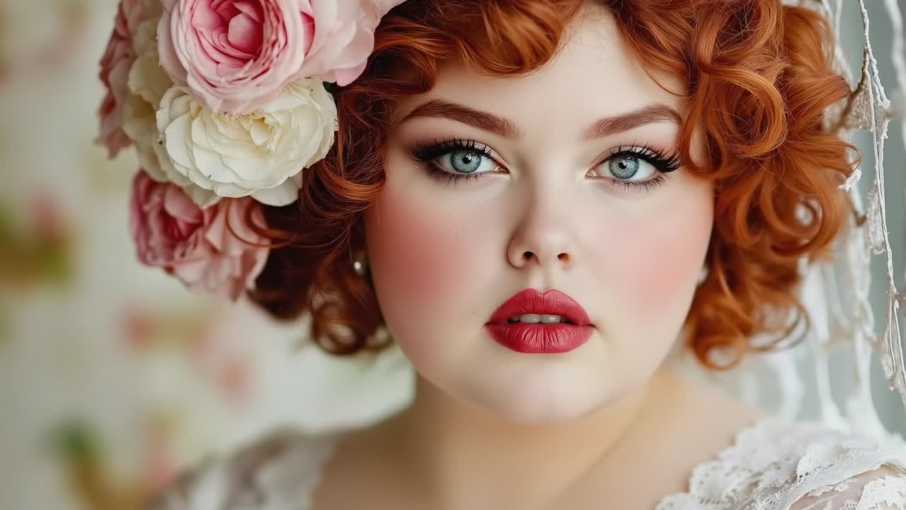 una mujer de cabello rojo y una flor en el cabello