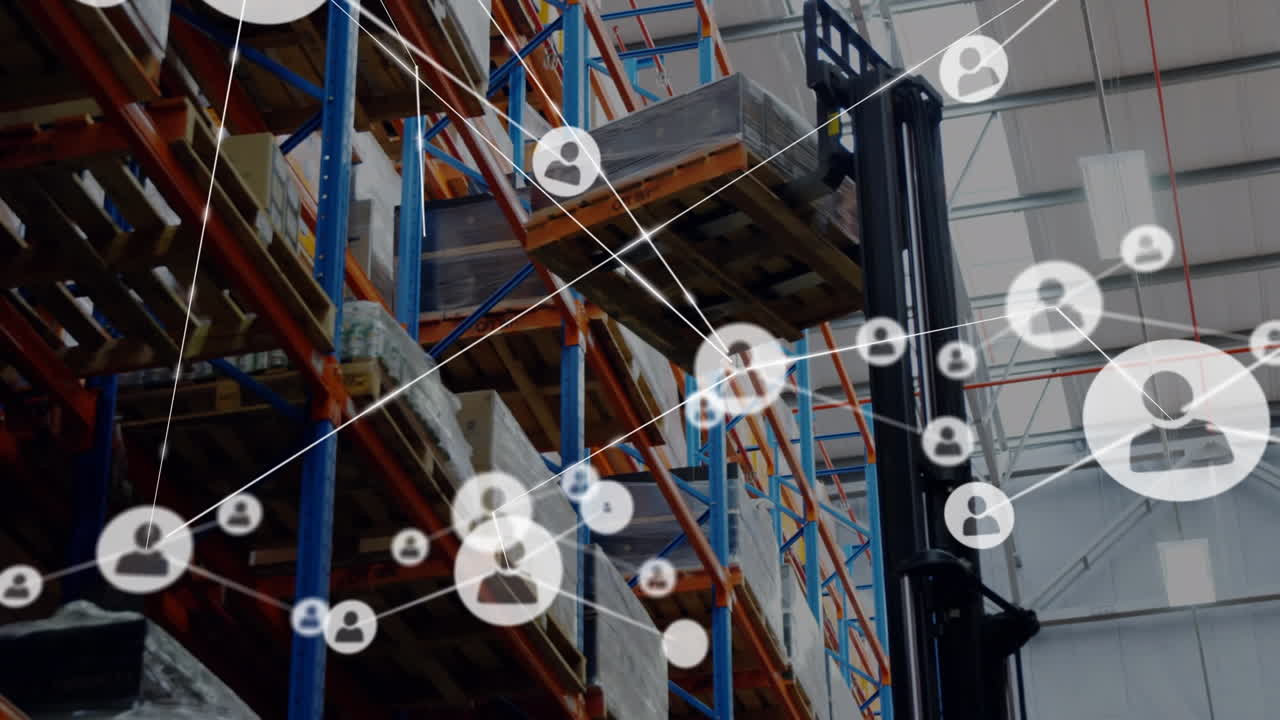 Animation of network of profile icons against forklift operating at warehouse