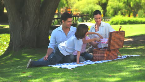 happy family eating watermelon on a picnic