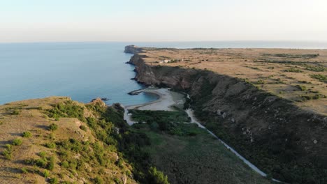 aerial view of the long narrow headland of cape kaliakra on the northern bulgarian black sea coast