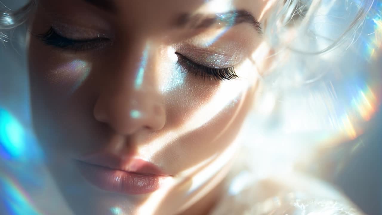Soft light patterns dance across serene woman's face during daytime