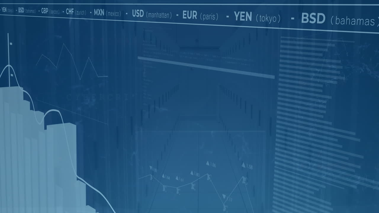animazione di più grafici e segni di valuta che si muovono sulla stanza del centro dati