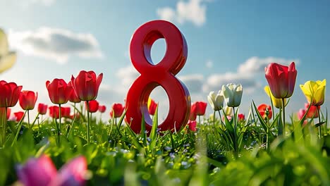 red number 8 amidst a field of colorful tulips