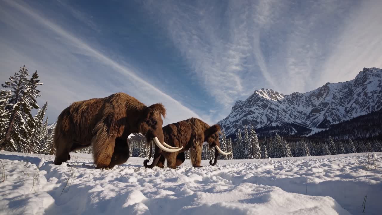 A wide-angle video captures two woolly mammoths walking through a snowy landscape, with majestic