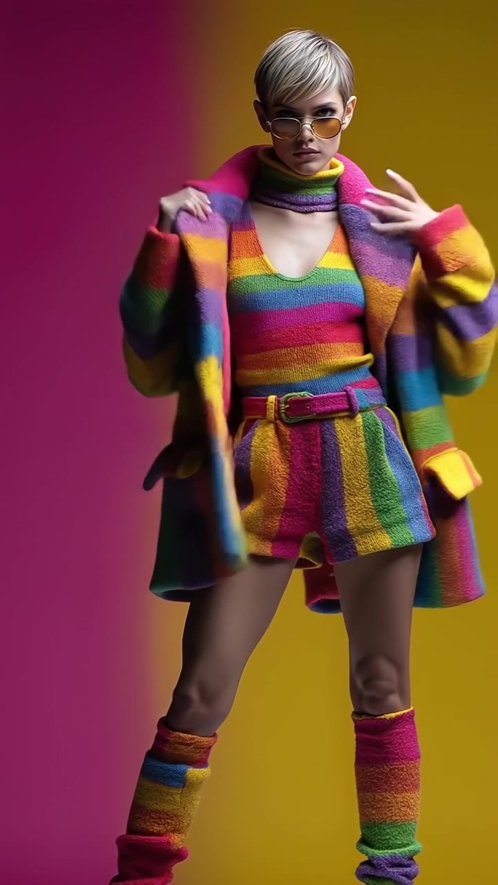 Donna alla moda che cammina con sicurezza con un cappotto a strisce arcobaleno colorate e stivali in maglia abbinati