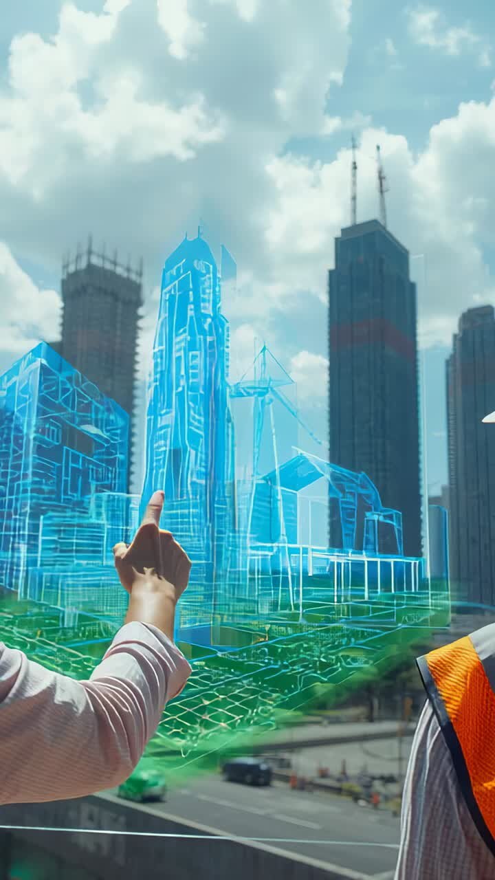 Vertical video: Planner tapping AR overlay over site checking fit lead watching in vest hard hat