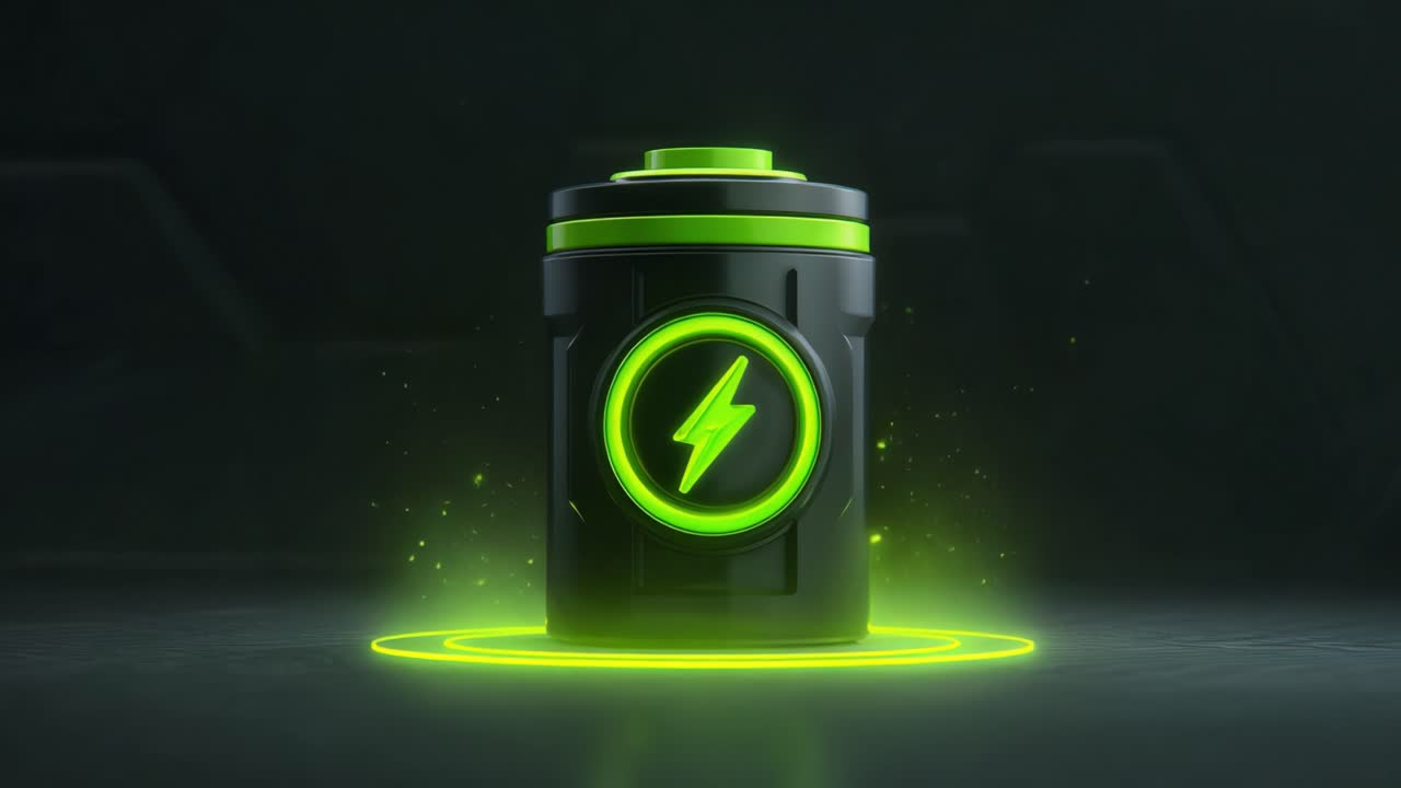 A sleek, futuristic battery with vibrant green accents emanating an electrifying energy symbol, showcasing cutting-edge design and advanced power technology in a visually striking display