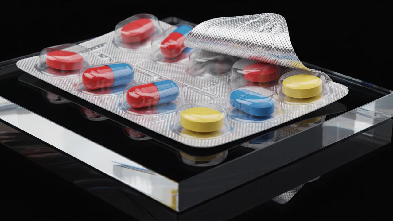 Vibrant Capsules Revealed: A Detailed Look at Colorful Medication Blister Packs on a Reflective Surface with Transparent Background for Medical Illustrations