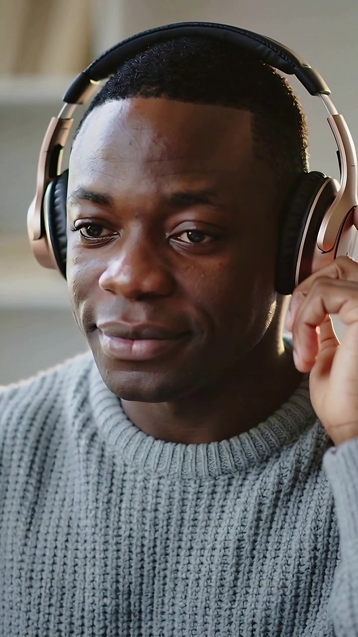 Vertical video: Audio starting, man in sweater adjusting headphone earcup at home, confirming sound