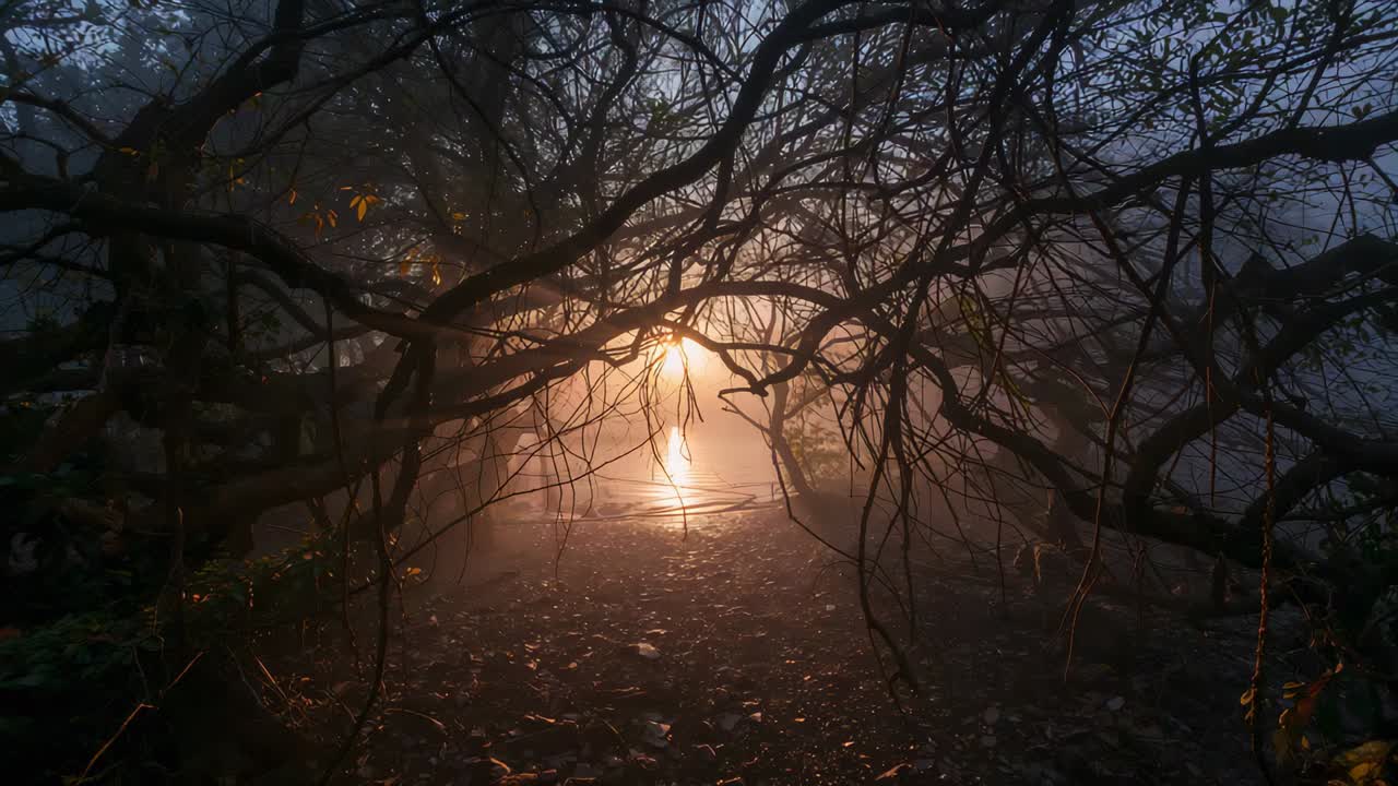Figura brillante e iluminada por detrás vistiendo una capa ligera, de pie en un claro bajo ramas enredadas, reflejándose.