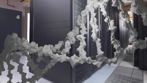 animation of white, textured dna strand moving over computer server room