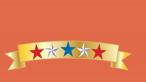 digital animation of multiple colorful stars on golden ribbon against orange background