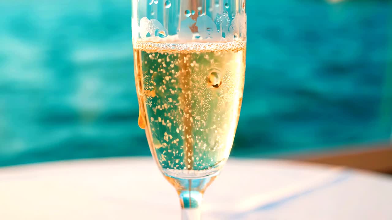 Primo piano di un flûte da champagne refrigerato riempito di spumante dorato e bollicine che salgono. Il bicchiere di cristallo con condensa poggia su una superficie bianca davanti a una piscina blu vibrante con sfondo sfocato.