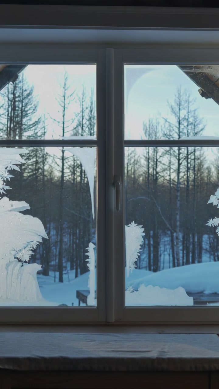 Vertical video: Showing double-pane window with feathery frost spreading from freezing air at home