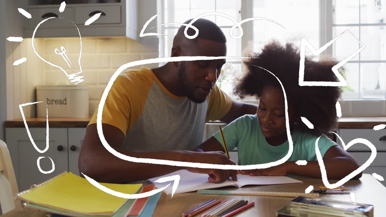 Father leaning into kitchen tutoring, guiding daughter through workbook tracing for skill building