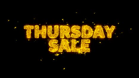 thursday sale text sparks particles on black background.