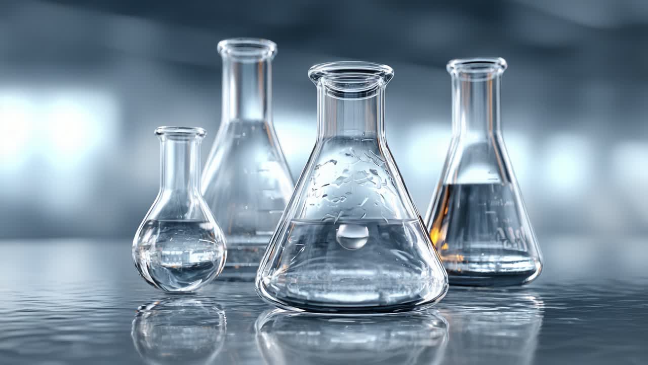 Kompliceret udstilling af laboratorieglasvarer med forskellige kolber og bægerglas med klar væske, der fanger kemiens og den videnskabelige udforsknings essens.