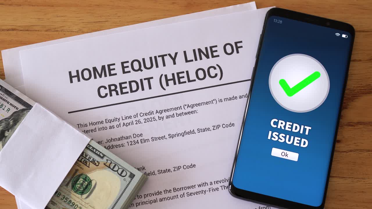 Concept of getting a HELOC mortgage. Home Equity Line Of Credit issued notification on smartphone.