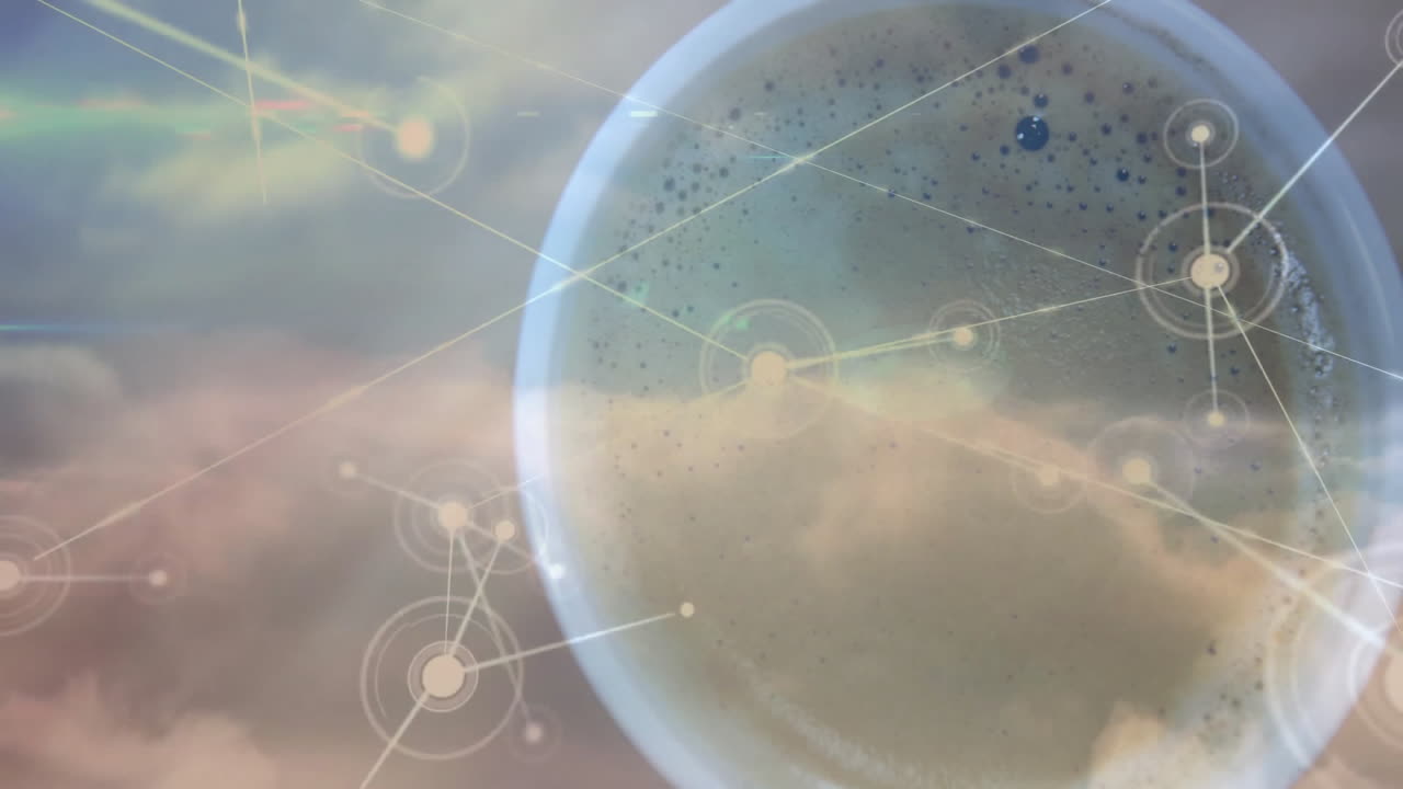 Digital network orb floating in pastel cloudscape, glowing nodes connecting with translucent lines