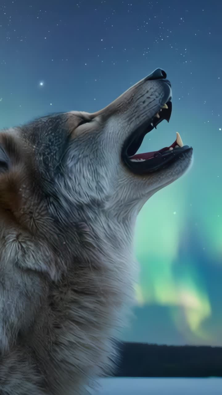 Vertical video: Howling wolf raising head on shore under shifting aurora and starry sky, copy space