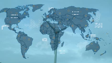 Animation-of-data-processing-with-world-map-over-windmill