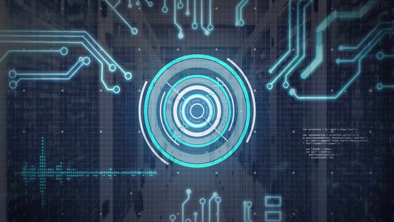 Animation of futuristic digital interface with circular patterns on grid background