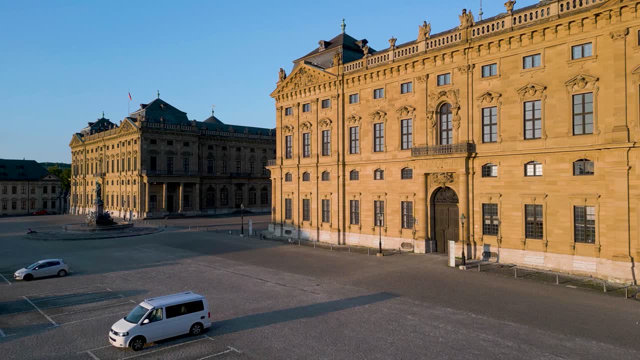 4K Aerial Drone Video of Historic Residence Palace and Franconia Fountain in Würzburg, Germany