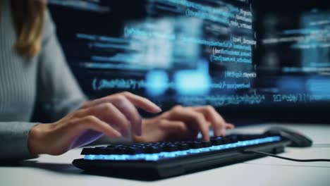 engaged in programming: a close-up view of hands typing on a sleek mechanical keyboard with code displayed on an immersive digital background