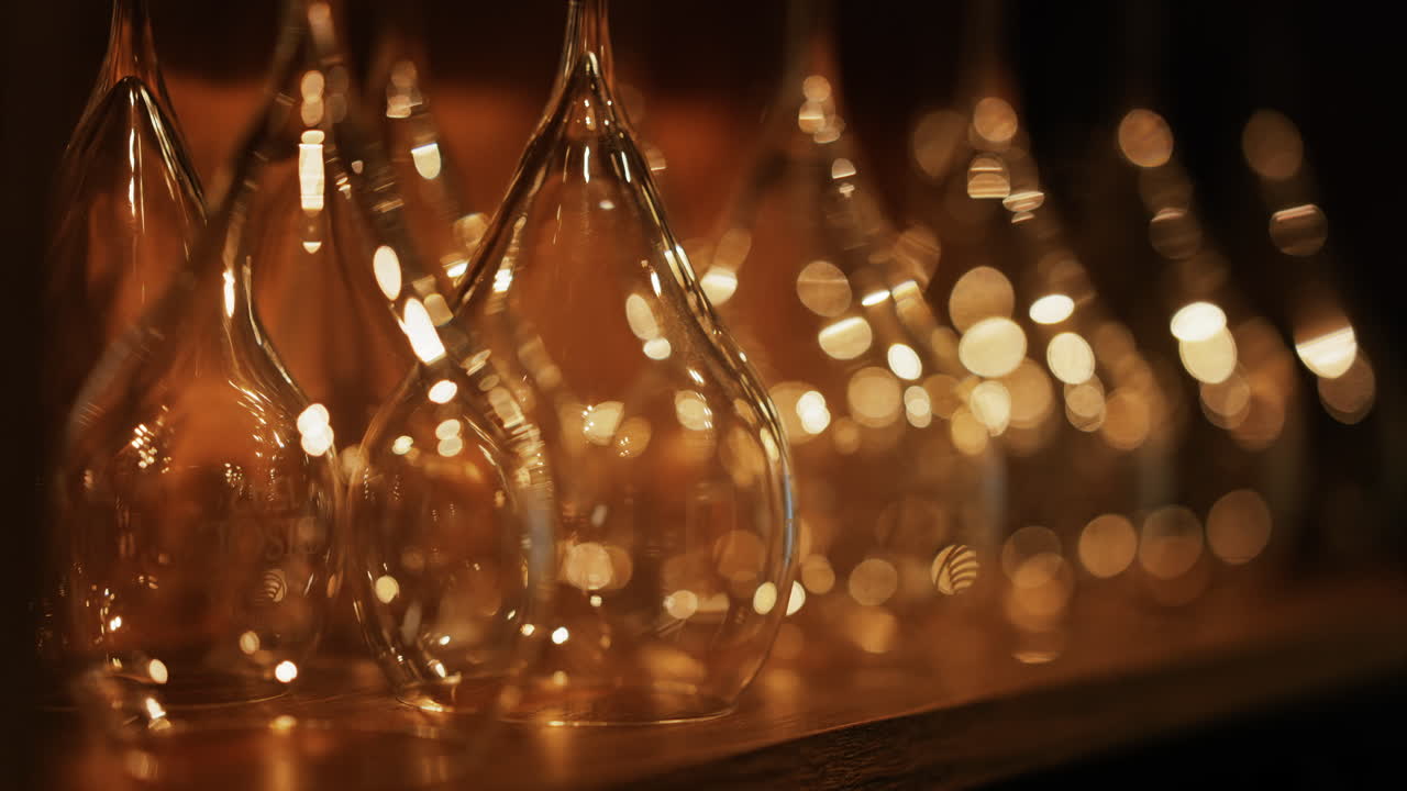 Close up of empty glasses turned upside down on a shelf