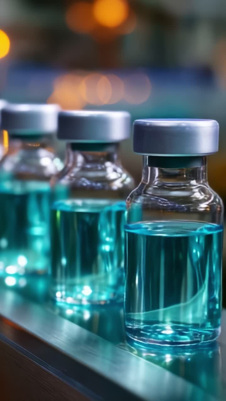 A Row of Clear Glass Vials Filled with Bright Blue Liquid Displaying an Aesthetic Gradient of Colors Under Soft Ambient Lighting in a Pharmaceutical Setting
