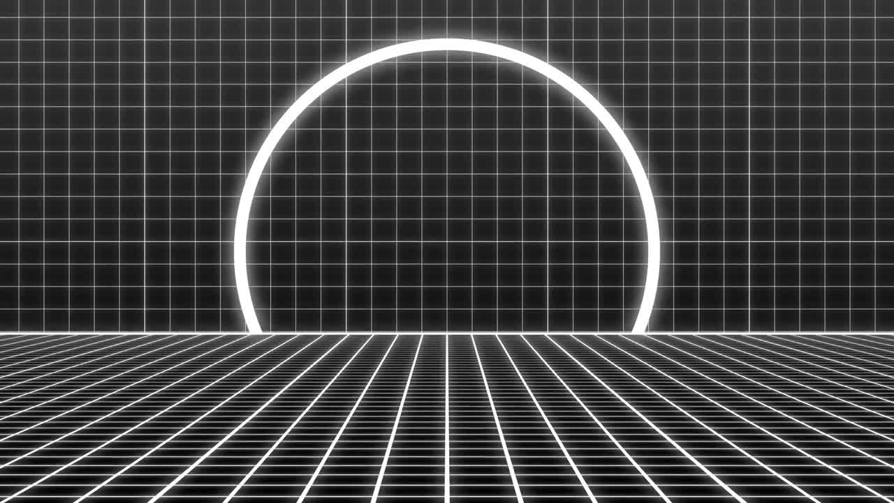 animación de un escáner semicircular blanco sobre una cuadrícula blanca en movimiento sobre un fondo negro