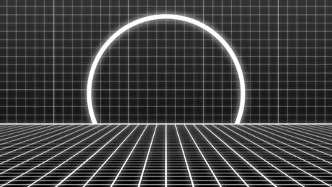 animación de un escáner semicircular blanco sobre una cuadrícula blanca en movimiento sobre un fondo negro