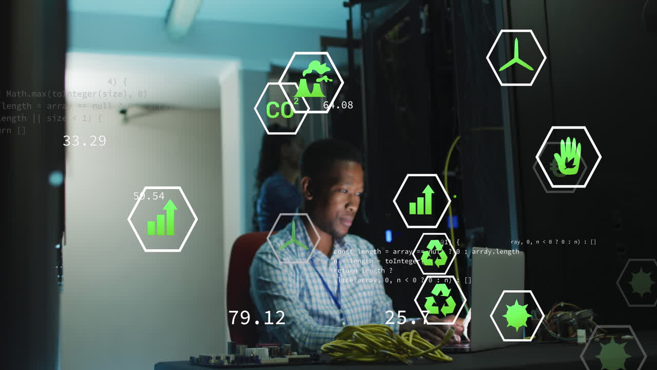 animación de iconos digitales contra ingeniero afroamericano con computadora portátil trabajando en la sala de servidores