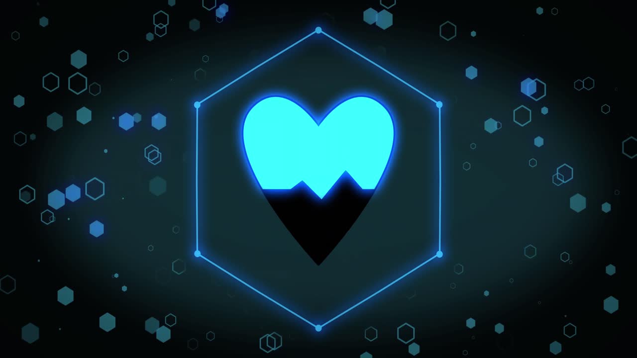 검은색 바탕에 육각형 위에 심장 사진 아이콘을 가진 심장의 애니메이션