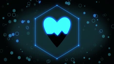 animación del corazón con icono de cardiógrafo sobre hexágonos sobre fondo negro