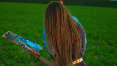 mujer de arte pintando una imagen de un árbol. vista de atrás niña de pie cerca del caballete