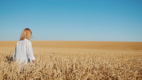 female farmer walks on the boundless field of yellow wheat