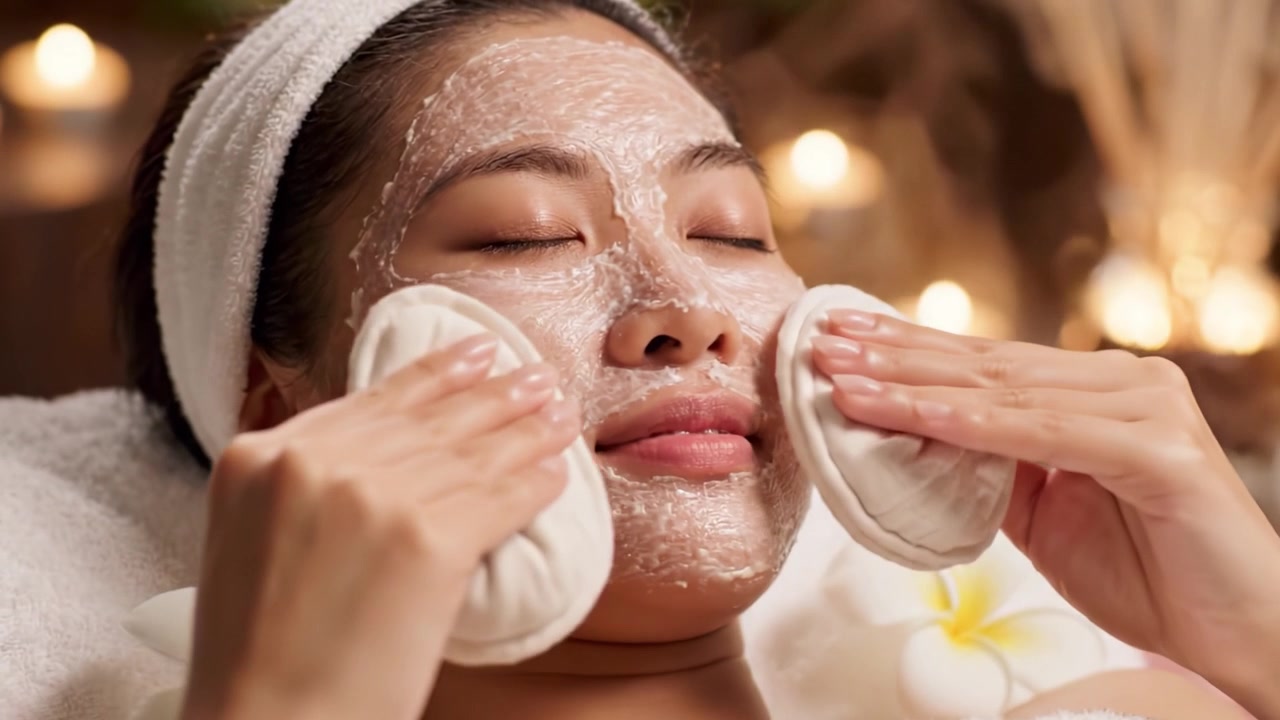 Een Ontspannende Spa-behandeling: Een Vrouw Geniet van een Gezichtsmasker Terwijl Ze Omringd is door Zachte Verlichting en Bloemen, Perfect voor Verzachting en Verjonging.